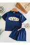 Boy's Cotton Blue New York Letter Appliqué T-Shirt Shorts Set - 2