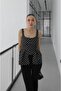 Women's Black - White Polka Dot Square Neck Strap Blouse with Pleated Front and Ruffles - 2