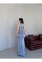 Baby Blue Draped Halter Neck Glittered Evening Dress - 7