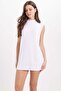 Women's Relax Fit Comfortable Cut Stand Collar Sleeveless Viscose Fabric Mini Length Lycra Sleeveless White Tunic - 4