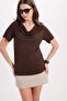 Women's Oversize Relaxed Fit Asymmetric Collar Short Sleeve Brown Viscose Blouse - 7