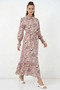 Women's Shirt Collar Belted Floral Patterned Viscose Pink Hijab Dress - 3
