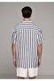 Relaxed Fit Lapel Collar Striped Men's Navy Blue Short Sleeve Shirt - 2