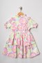 Girl's Pink Yellow Floral Patterned Ruffle Detailed Layered Short Sleeve Dress - 3