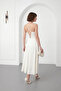 Women's Ecru Degaje Collar Strap Midi Satin Evening Dress - 6