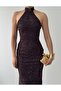 Brown Glittery Patterned Long Dress Halter Neck Backless Stylish Women's Dress - 7