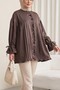 Ruffle Detailed Sleeve Lace-Up Stone Buttoned Cupra Tunic - Dark Brown - 3