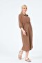 Maternity Elastic Sleeve Shirt Collar Midi Length Linen Dress Brown - 6