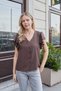 Women's Linen-Look Non-Lycra Fabric V-Neck Shirt with Flounce Sleeves - Brown