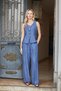 Women's Linen-Look Lycra-Free High-Waist Elastic Waist Side Pockets Wide-Leg Palazzo Trousers-Indigo