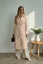 Women's Beige Double-Breasted Collar Patterned Belted Waist Pocketed Long Trench Coat Arm-26Y001105
