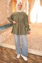 Khaki Buttoned Sleeve Elastic Waist Drawstring Modal Woven Shirt - 2