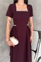 Women's Plum Square-Necked Dress with Stone Details, Draped Midi-Length Skirt ----   Nbk4621 - 4
