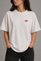 Pink Mood Lips Embroidered White Oversize Unisex T-Shirt 30/1 Regular Fabric - 5
