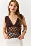 Women's Transparent Guipure Backless Thick Strap Blouse Brown - 2