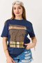 Women's Shiny Letter Printed Tshirt Navy Blue