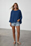 Women's cobalt blue boat neck cape cut flowy cuffed chiffon blouse alc-x15529 - 2