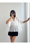 Crep Women's Beaded Detailed Bat Sleeve V-Neck Loose Chiffon Ecru - 4