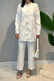 Organza Fabric Top Jacket with Stone Buttons and Patterned Jacket Trouser Set 14396 Ecru - 2