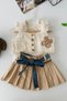My Little Girl's Pleated Knitwear with Bow Belt Detail, 3-Piece Girls' Skirt Set - Cream