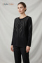 Women's Black Willow Leaf Patterned Blouse with Stones on the Chest and Sleeves, Mother Combed Cotton Blouse - 2