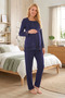 New Season Navy Blue Lace Button Detailed Special Design Long Sleeve 100% Cotton Maternity Pajama Set - 4