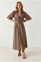 Women's Mink Sleeve Detailed Belted Lined Maxi Shirt Dress Elb-19002654