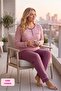 Women's Pink Patterned Large Size 100% Cotton Crew Neck 3 Button Chest Pocket Long Sleeve Pajama Set