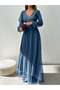 Women's Double Breasted Collared Long Tulle Dress with Belt - 6