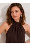Women's Dark Brown Halter Neck Button Detailed Sleeveless Pleated Sandy Fabric Blouse