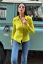 Women's Oil Green Long Sleeve, Fitted, Textured Thin Maya Crepe Fabric Basic Shirt 3552253 - 4