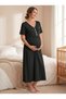 New Season Black Summer Dress with Piping and Button Detailing, Full Length Stylish Flounce Sleeve, 100% Cotton Maternity Nightgown Set - 8