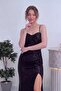 Women's Sequin Draped Slit Adjustable Strap Evening Dress Woven Navy Blue, Black, Indigo - 4
