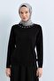 Sweater with Flower Stone Detail on the Collar - Black