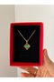 Gold Green Round Stone Square Framed Women's Necklace - 2