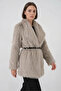 Women's Wide Collar Belted Fur Oversize Stone Coat - 3