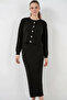 Women's Round Neck Buttoned Knitwear Black Double Set
