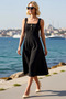 Women's Midi Length Square Neck Thick Strap Sleeveless Scuba Crepe Dress Expanding Waist Elegant Casual Comfortable - 2