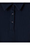 Navy Blue Polo Collar Waist-Slit Dress - 3