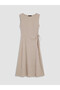 Lcw Vision Khaki Crew Neck Gathered Dress with Waist Tie - 5