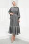 Smoked Stone Detailed Skirt with Flounces Satin Evening Dress