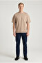 Men's Beige Oversize Modal Fabric Silky Textured Crew Neck T-Shirt - 4
