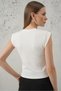 Women's Round Neck Pearl Detailed D Flower Short Sleeve White Blouse - 5