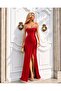 Red Stone Detailed Slit Satin Evening Dress 583404