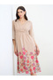 Beige Floral Midi Dress with 3/4 Sleeves