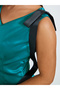 Green Satin V Neck A-Line Midi Dress - 4