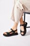 Hulesta Triangle Buckle Velcro Genuine Leather Women's Sandals Black Skin - 2