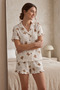 Teddy Bear Patterned Ruffled Ecru Shorts Short Sleeve Pajama Set - 2