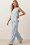 Blue Thick Strap Blouse Elastic Waist Pants Woven Modal Top-Bottom Set 8051 - 2