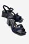 Yolen Navy Blue Suede Genuine Leather Women's Thick Heeled Sandals